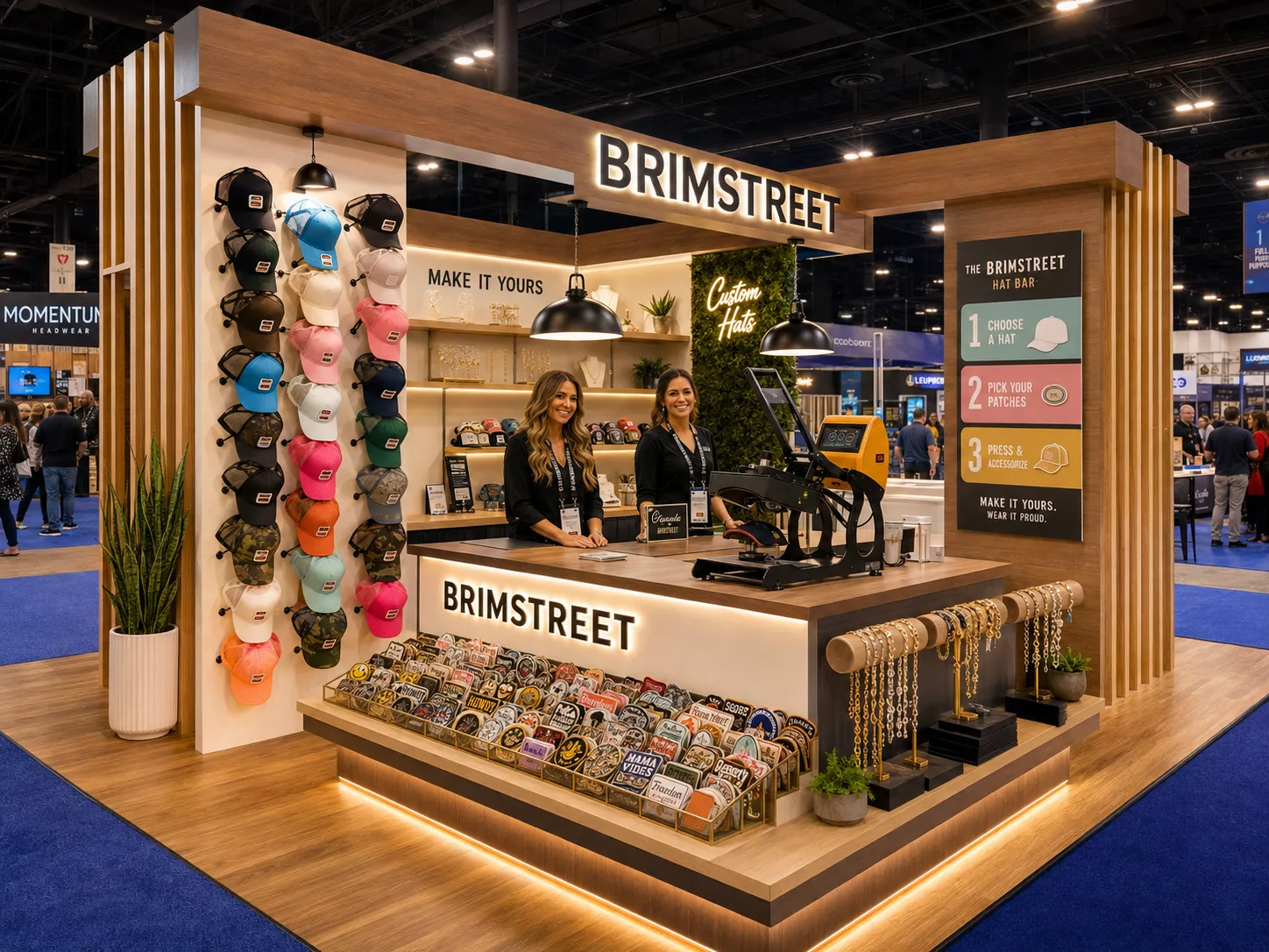 Branded Brimstreet hat bar booth at a trade show brand activation, with a wall of custom trucker hats, trays of embroidered patches, a heat press, and staff ready to build hats for attendees