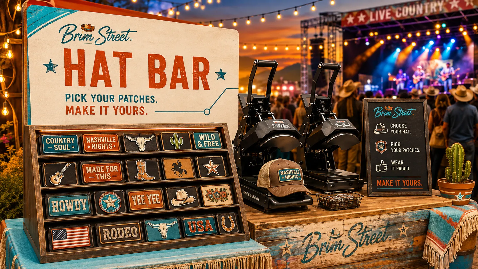 Brimstreet branded hat bar activation at a live country music festival: a patch wall of custom western patches, heat presses with branded trucker hats, and a crowd in front of the stage