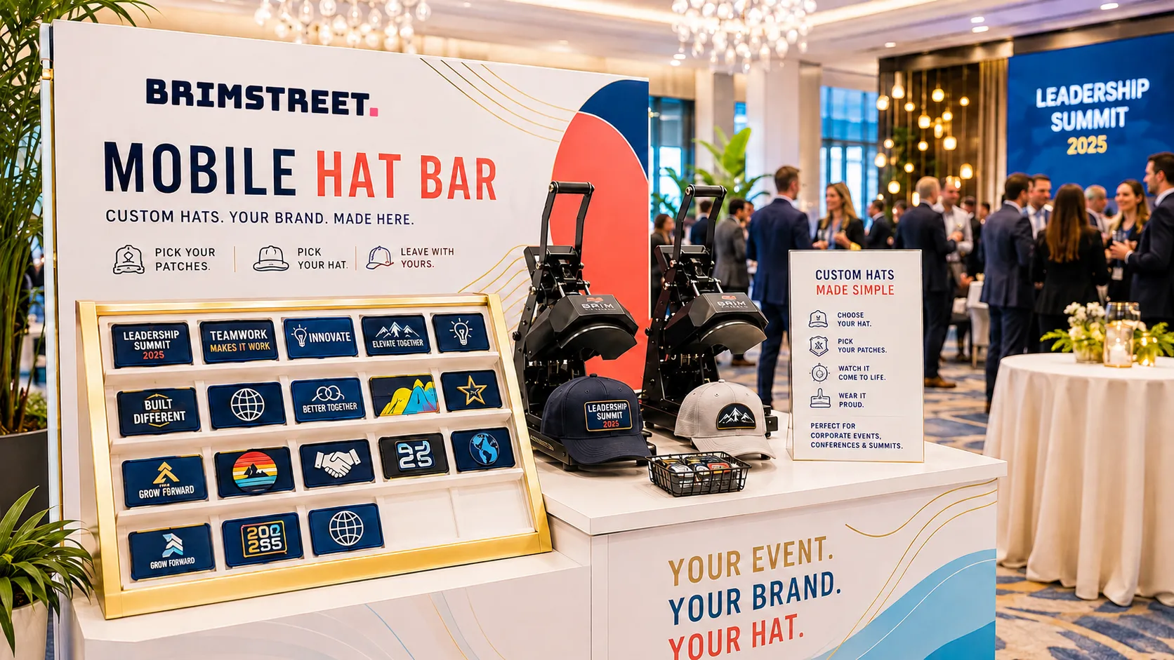 Brimstreet mobile hat bar booth at a corporate leadership summit, with a patch wall of custom company patches, two heat presses, and finished custom hats for conference attendees