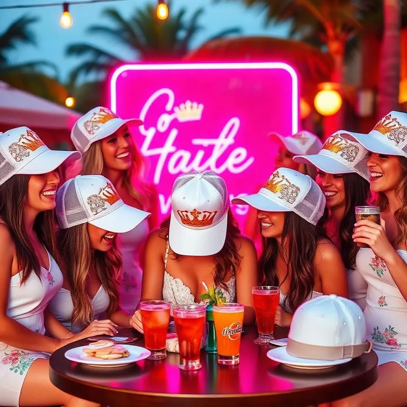 Bachelorette party group wearing custom trucker hats with colorful patches at a Brimstreet hat bar