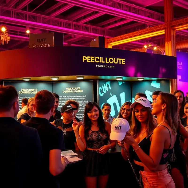 Guests at a branded Brimstreet pop-up choosing custom patches for trucker hats under neon lights