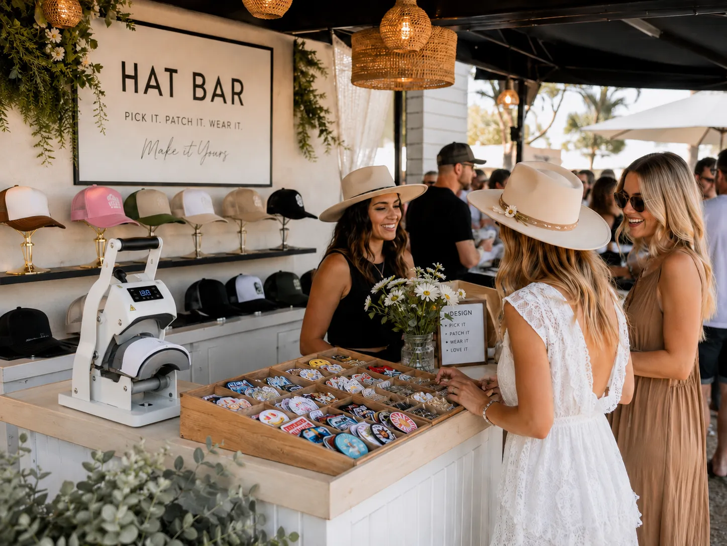 Boho Brimstreet hat bar at a garden party, with a Pick It Patch It Wear It sign, shelves of trucker hats, a heat press, and trays of embroidered patches
