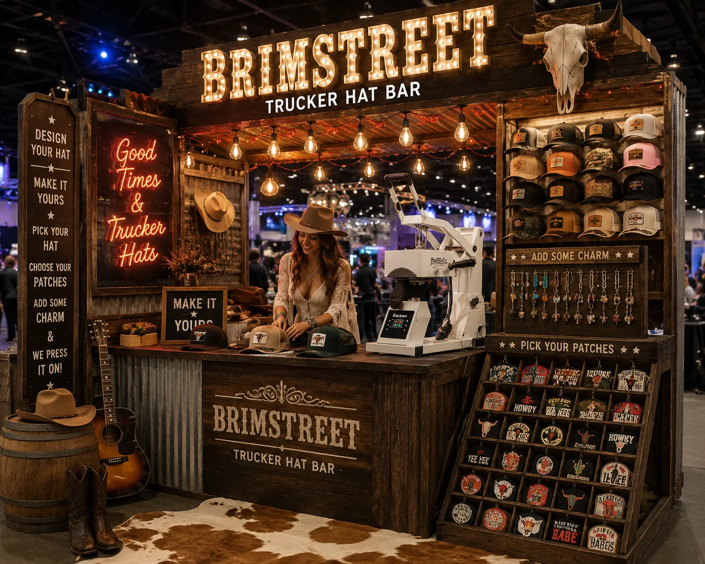 Western-themed Brimstreet trucker hat bar booth with marquee letters, neon sign, hat wall, and patch board at a convention