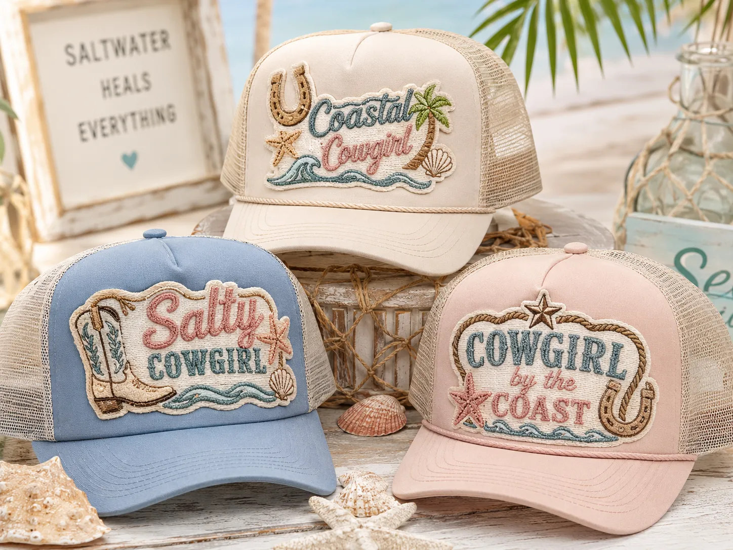 Coastal Cowgirl, Salty Cowgirl, and Cowgirl by the Coast custom trucker hats with chenille patches styled on a beach table