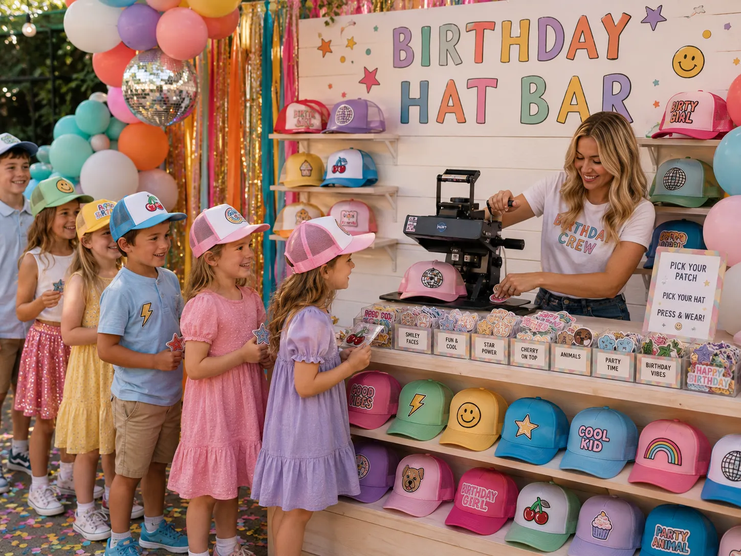 Kids in pastel custom trucker hats lining up at a colorful Brimstreet birthday hat bar with balloons and a patch station