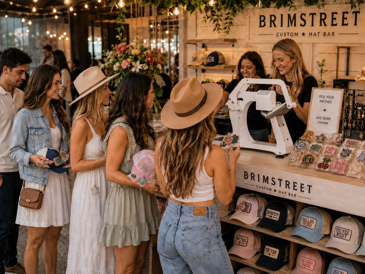Guests in sundresses and hats lining up to pick patches at the Brimstreet custom hat bar while staff run the heat press