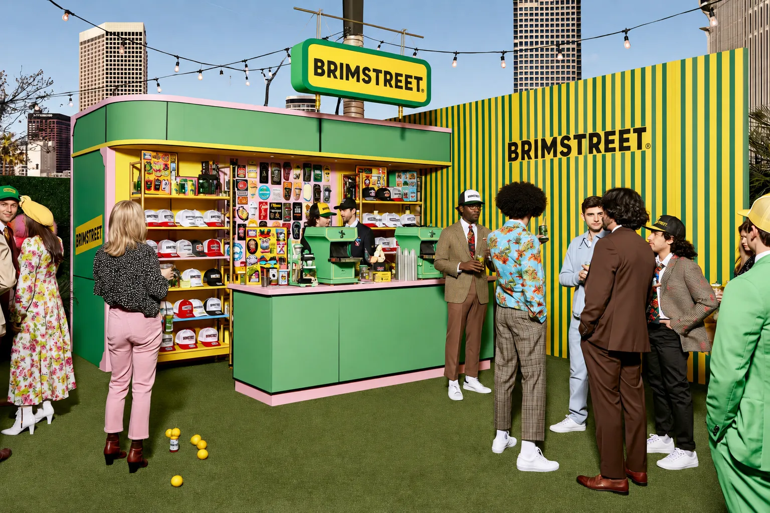 Retro green and yellow Brimstreet pop-up hat bar on a rooftop lawn, with hat shelves, a patch wall, and stylishly dressed guests mingling under string lights