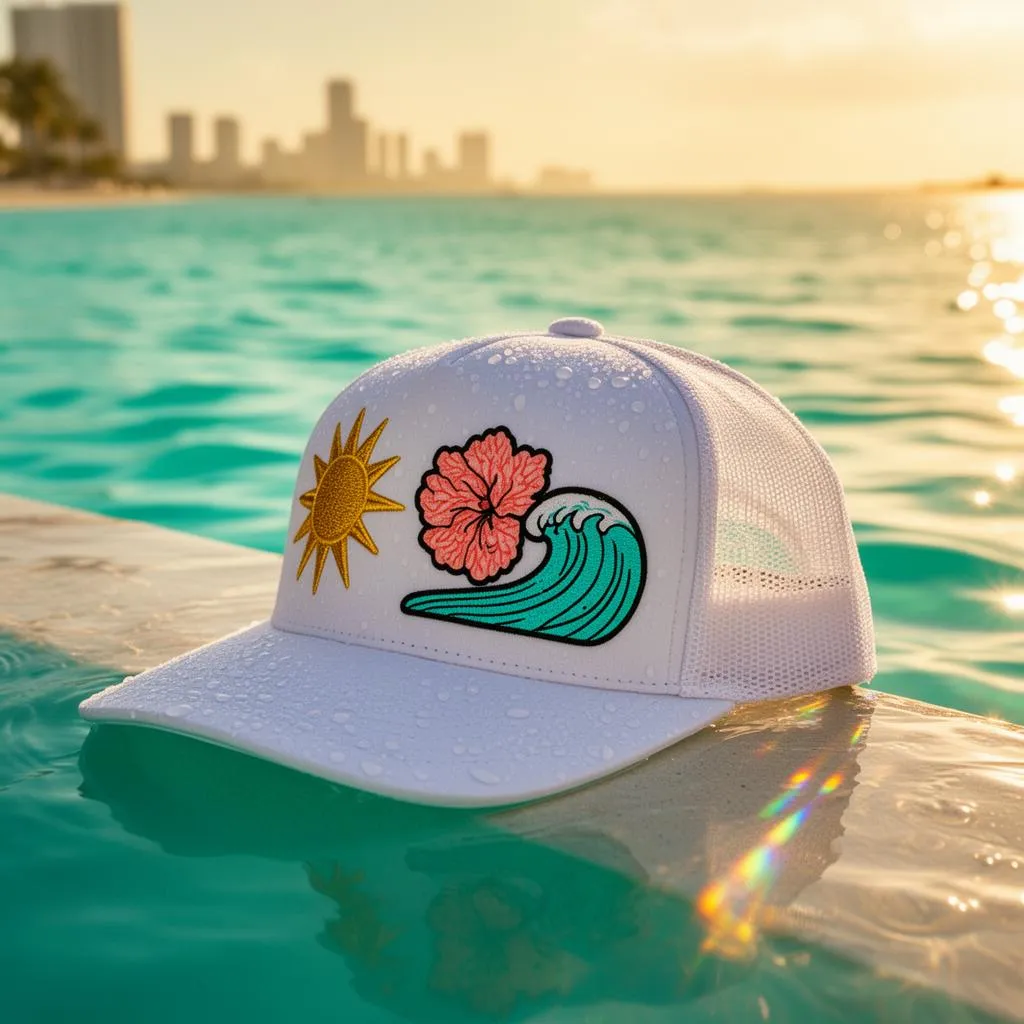 Trucker hat loaded with patches, dripping in identity, Brimstreet style