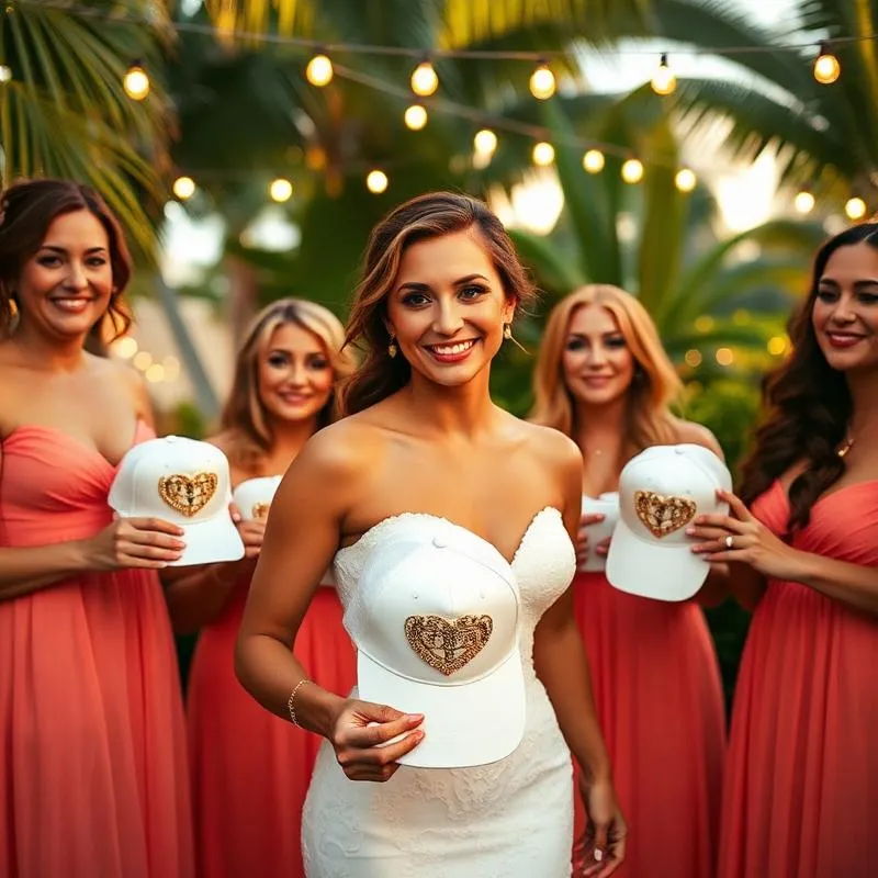 Wedding guests choosing patches at an elegant hat bar reception station