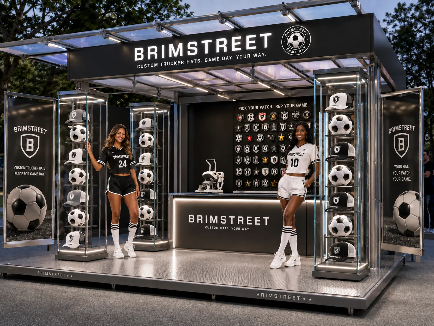 Brimstreet game day hat bar activation outside a stadium, with towers of black and white custom trucker hats, a patch wall of team crests, a heat press station, and staff in team jerseys