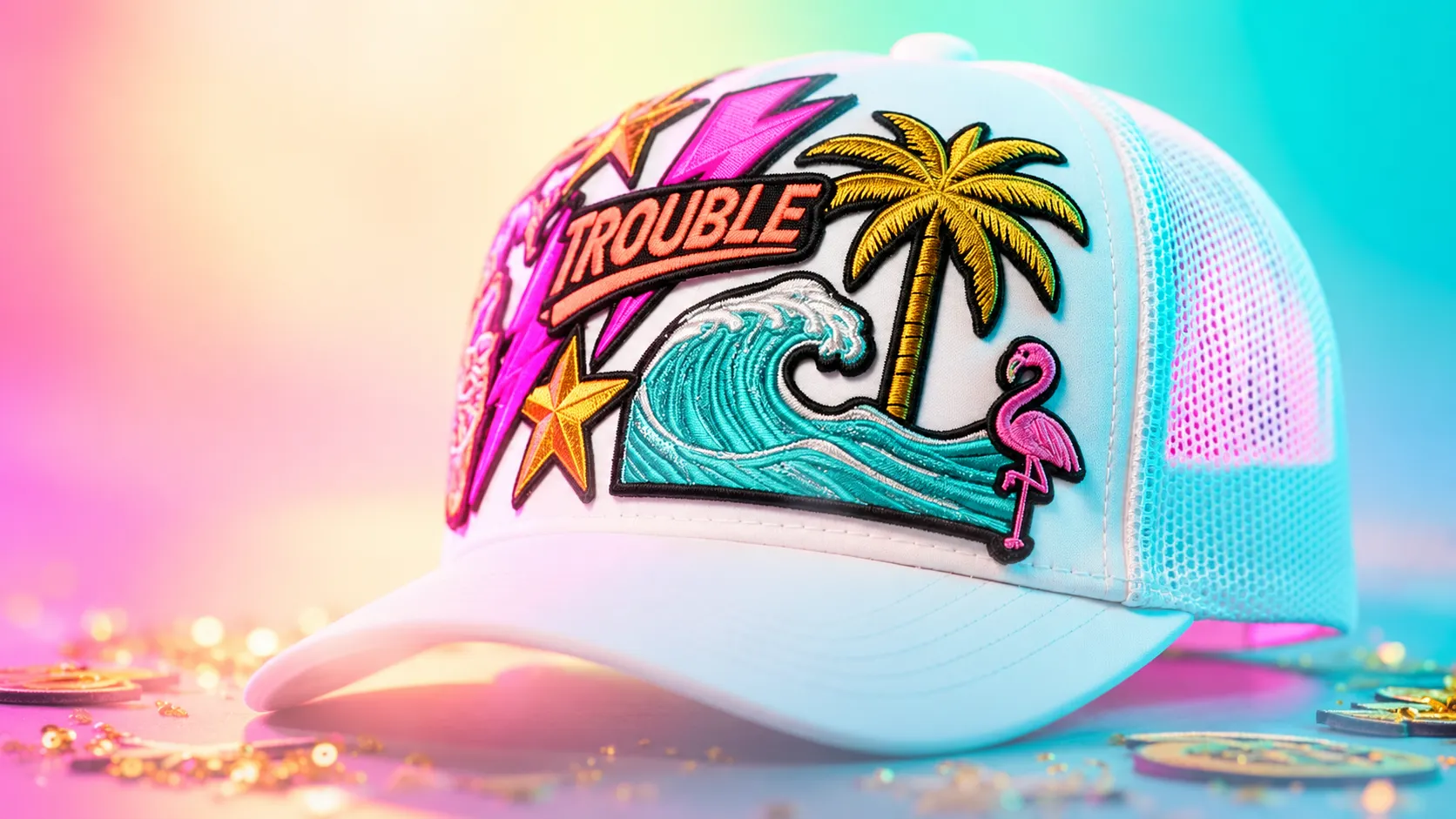 White custom trucker hat from the Brimstreet hat bar, stacked with chenille patches: a hot pink lightning bolt, gold palm tree, teal wave, pink flamingo, gold stars, and a banner reading Trouble, set against a pastel pink and aqua backdrop