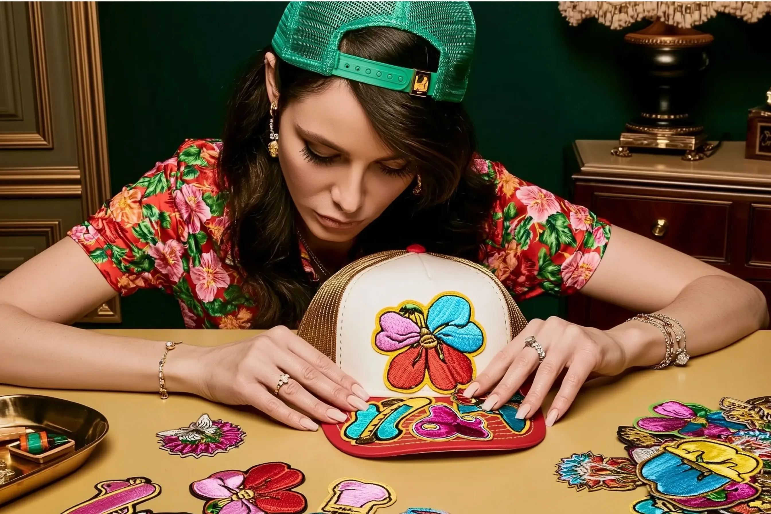 Stylist in a green trucker hat pressing a colorful embroidered flower patch onto a gold and cream custom hat at a table covered in Brimstreet patches