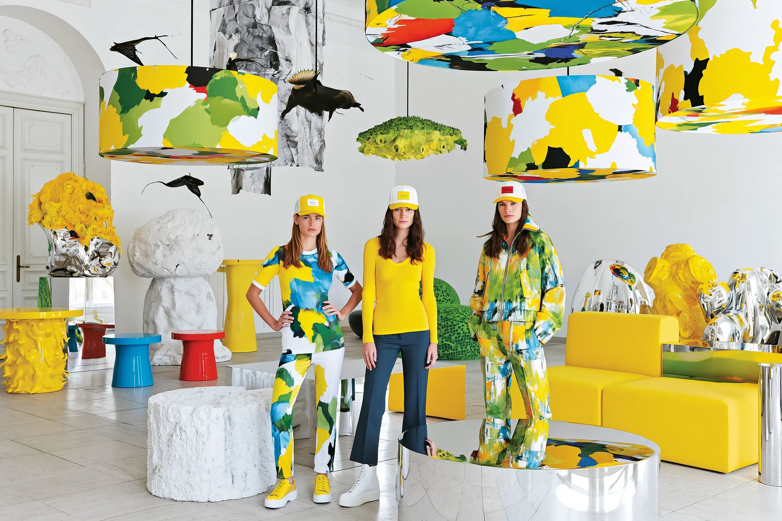 Fashion editorial with three models in bold painterly outfits wearing custom white and yellow trucker hats