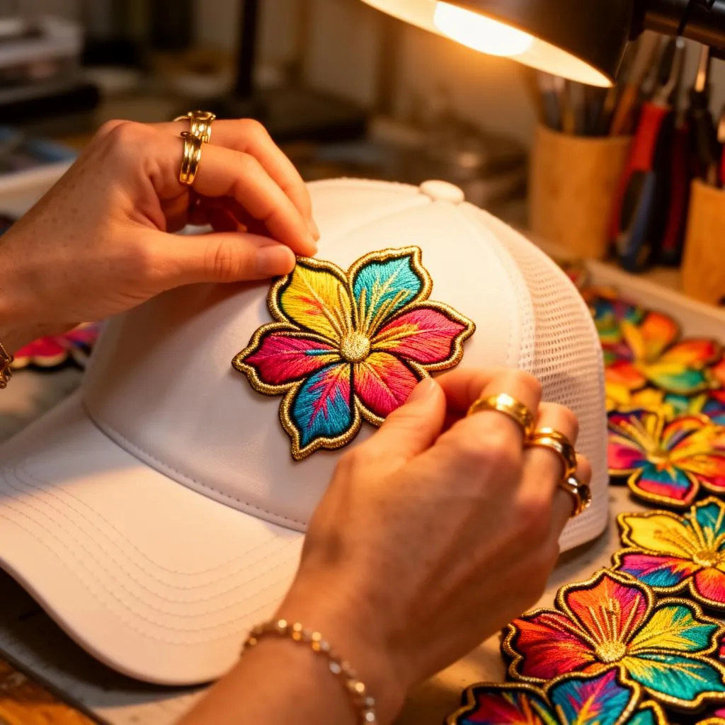 Custom trucker hat being crafted at the Brimstreet hat bar in Orlando