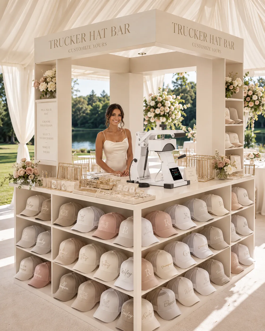 Elegant Brimstreet trucker hat bar station at a tented lakeside wedding venue, with shelves of blush and cream bridal hats, charm and chain trays, florals, and a heat press ready for guests